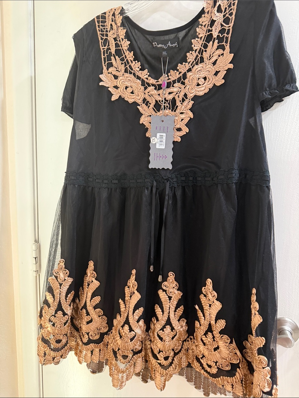 Black Girls' Lace-Trim Dress with Gold Embroidery XL NWT